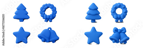 Blue silicone holiday decorations arranged on a white background showcasing various festive shapes and designs