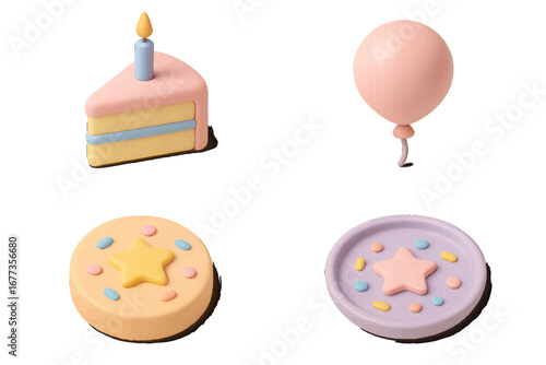 Colorful celebration items featuring a cake, balloon, and decorative plates ideal for festive gatherings and birthdays