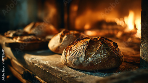 rustic artisan bread baking closeup photography warm kitchen setting golden crust homemade loaf recipe culinary delight comforting baked goods traditional meal and flour dusted