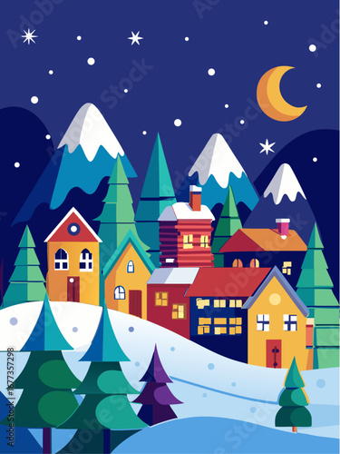 Trendy art style abstract snowy poster, cover, card with bright beautiful leaves, plants, snowy landscape. 
