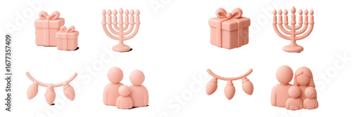 Decorative holiday collection featuring menorahs, gifts, and family gatherings in soft pastel colors