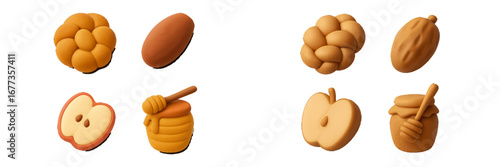 Sweet and vibrant clay sculptures of fruits and honey in various shapes and sizes displayed on a white background