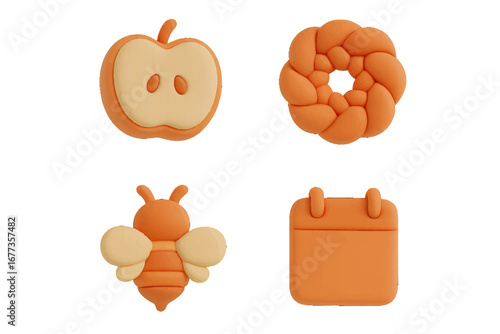 Colorful silicone items shaped like apple, bee, knot, and calendar in bright orange hues