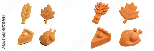 Colorful clay shapes of food and nature elements displayed on a white background