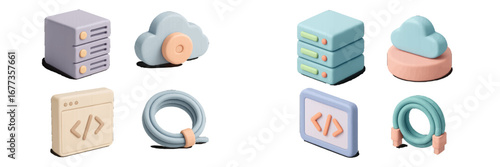 3D computer and cloud icons representing modern technology and digital infrastructure in soft colors