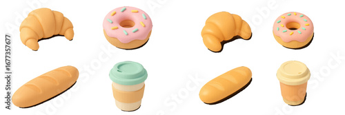 Colorful pastry toys and drinks arranged on a flat surface during a bright afternoon in a playroom