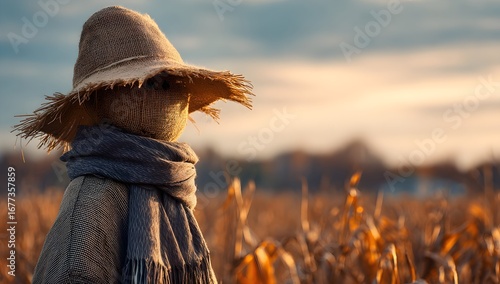 A rustic scarecrow stands in a golden cornfield at sunset, wearing a straw hat and scarf, evoking a warm, autumn harvest atmosphere