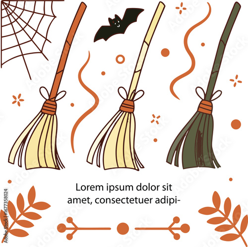 Halloween brooms bat spiderweb spooky