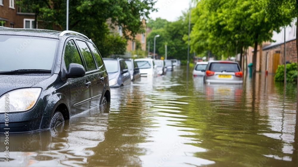 Fototapeta premium A street is heavily flooded with murky brown water, submerging numerous parked cars up to their wheels and doors.