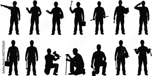 Silhouette of Construction Workers with Tools in Standing and Working Poses, Industrial Labor Team, Toolbox, Hammer, Repair Vector Set