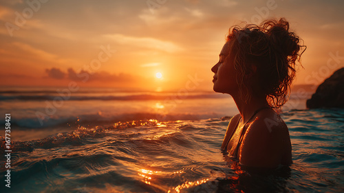 Sunset bathes a figure in warm hues while immersed in calm ocean water