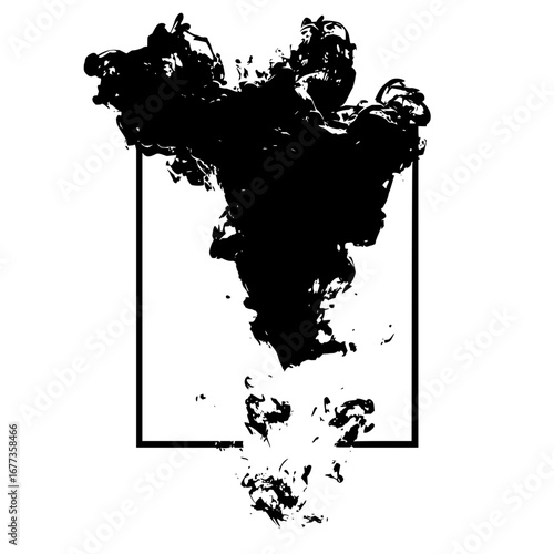 Black ink cloud descending within a square frame on a white background creating an abstract design art piece