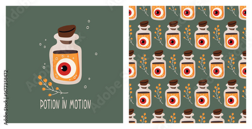 Cute Halloween potion bottle with eyeball and seamless pattern vector