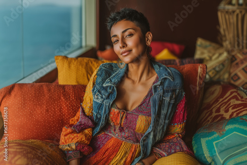 Confident woman with short hair wearing boho dress and denim jacket sitting on colorful cushions in cozy modern interior with ocean view and vibrant ethnic decor
