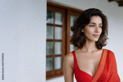 Confident young woman in red saree standing near window with natural light, showcasing elegance, beauty, and traditional fashion in modern architectural setting