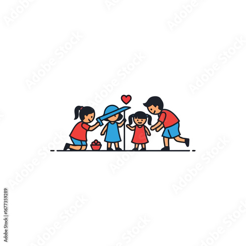 Photo of four children play together, with two girls pretending to joust with a toy sword