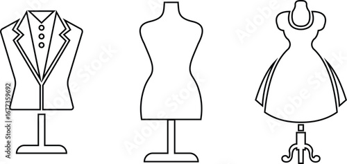 Black mannequin dress form icon set, tailoring dummy vector collection and fashion design tool group style, includes sewing torso, clothing display, garment stand