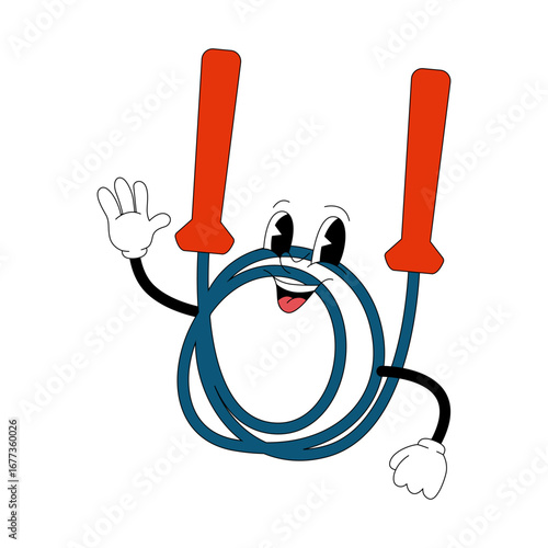 Groovy cartoon jump rope character in retro 80s style for gym illustration