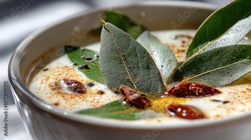 Fototapeta Naklejka Na Ścianę i Meble -  A close-up view of a creamy, spiced dish, adorned with bay leaves and scattered spices.
