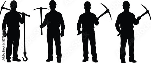 Silhouette of Industrial Workers Holding Pickaxes and Tools, Construction Labor Force, Manual Work Equipment, Engineering and Mining Concept Vector
