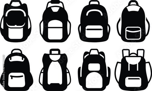 Backpack Vector Icons Set – School, Travel, Hiking Bag Silhouettes