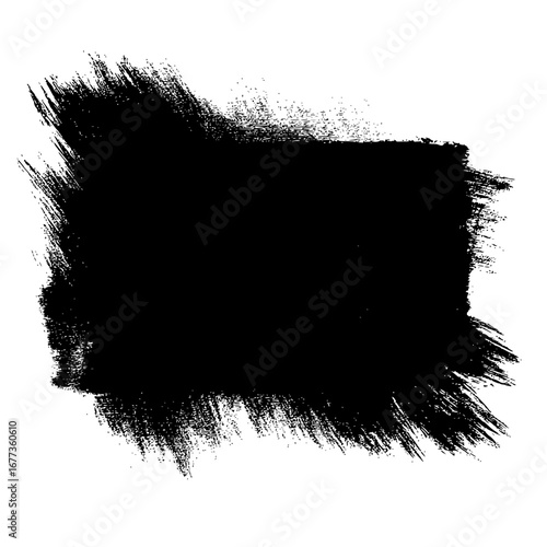 A black paint stroke with rough edges and uneven texture on a white background creating a bold contrast