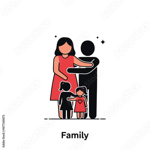 Photo of a stick figure family of four, with parents hugging their two children