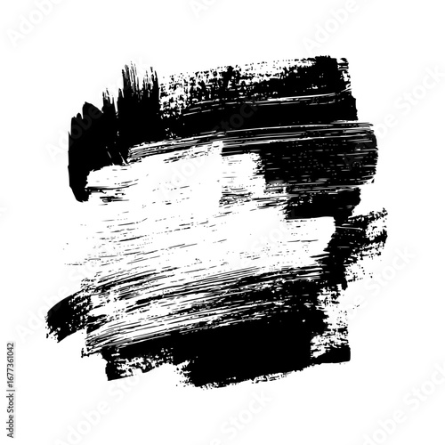 Abstract black and white brush stroke texture with rough edges and dynamic directional patterns effect on canvas