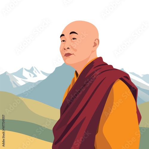 Tibetan monk looking at a minimalist mountain range