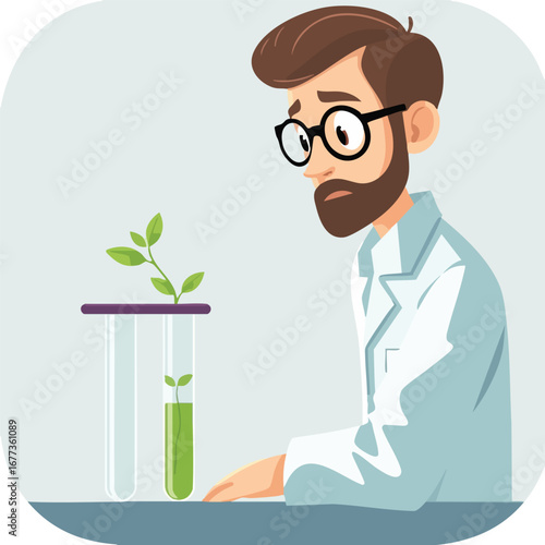 A scientist looking at a simple, stylized plant in a test tube with a look of quiet discovery. Flat vector illustration.
