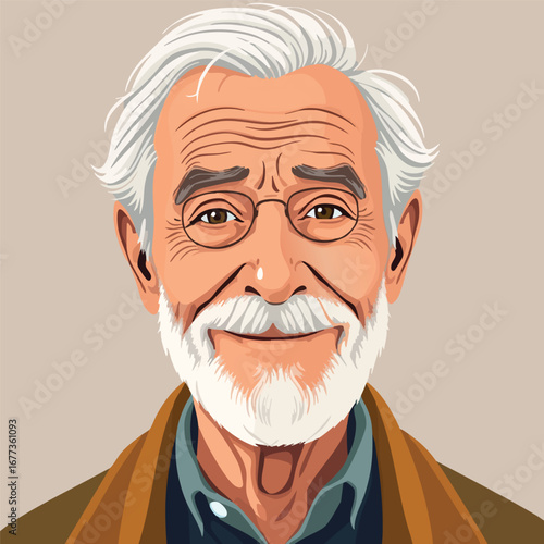 A portrait of an elderly man with a twinkle in his eye, a lifetime of stories in his calm smile. Flat vector illustration.