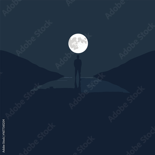 Person looking at their reflection in dark water under a moon