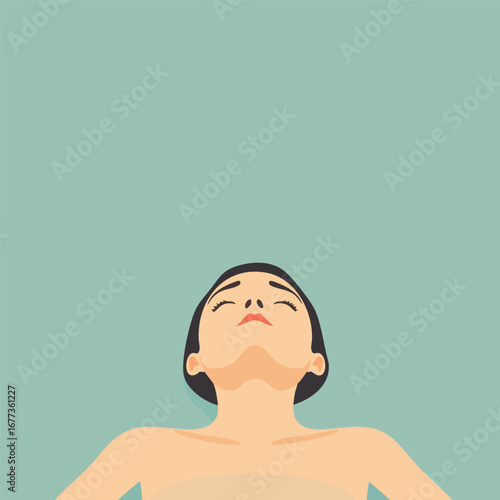 A person floating in calm, stylized water, their face serene and turned towards the sky. Flat vector design.