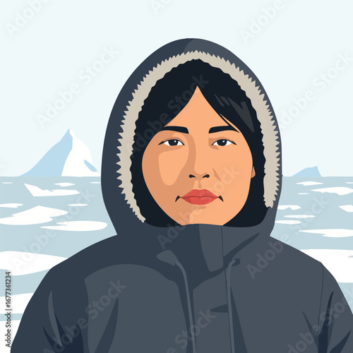 An Inuit person in a simple, modern parka, the hood framing their calm face against a minimalist arctic backdrop of ice and sky. Flat vector design.