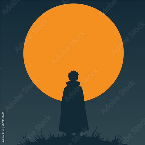 Figure in a cloak looking at a harvest moon