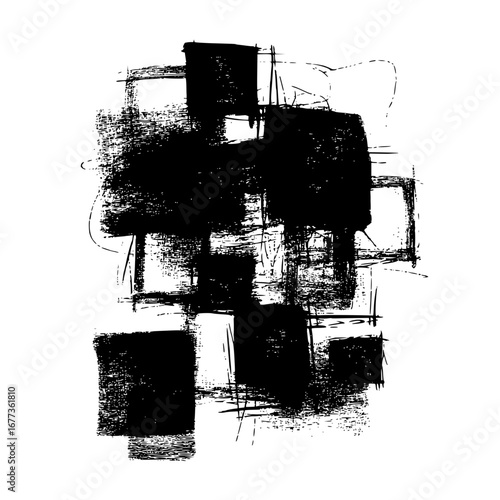 Abstract composition of black brush strokes and rectangular shapes on a white background creating contrast