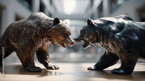 Two opposing bronze bear figurines face off on a light-brown surface, showcasing a dramatic tension and contrasting tones.