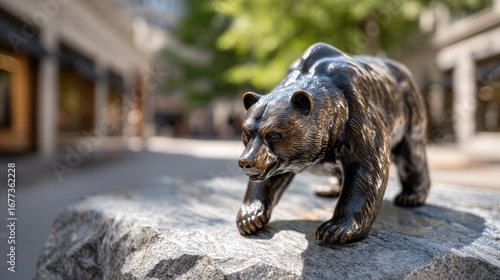 A bronze bear statue stands vigilant on a stone outcrop, its imposing presence highlighted against the urban backdrop.