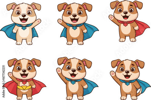 Cute cartoon superhero puppies in capes, smiling dog characters, vector illustration, happy puppies, children’s design, funny pet artwork