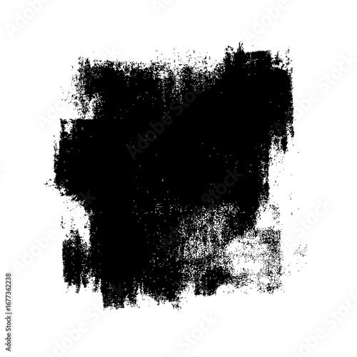 A black textured rectangle shape with rough edges and uneven distribution on a white background canvas art