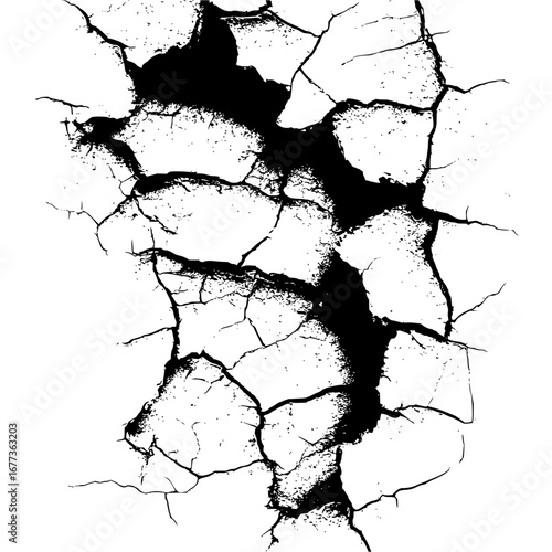 Detailed monochrome image featuring a central crack pattern with smaller cracks spreading outwards on white