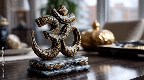 Ornate gold-and-dark-bronze Om symbol, beautifully detailed on a marble base, sits elegantly on a dark wooden surface.