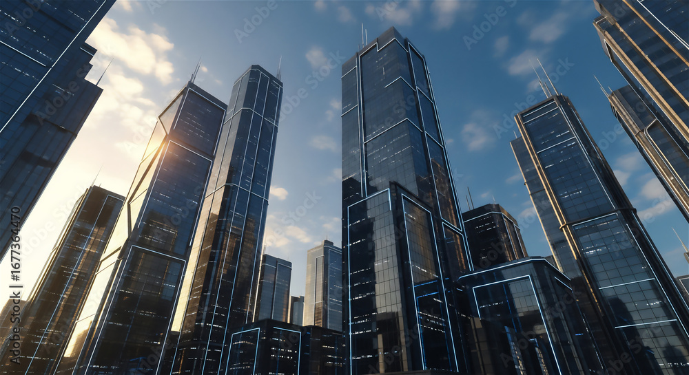 Obraz premium 近未来的なガラス張りの高層ビル群と青空の都市風景