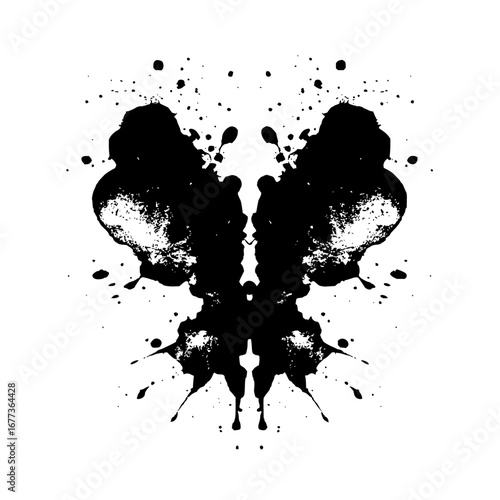 Symmetrical ink blot with splatters and butterfly shape in black and white rorschach test style image art