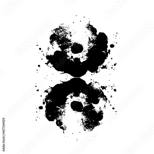 Symmetrical black ink blot with splatters and grainy texture on a white background creating an abstract design