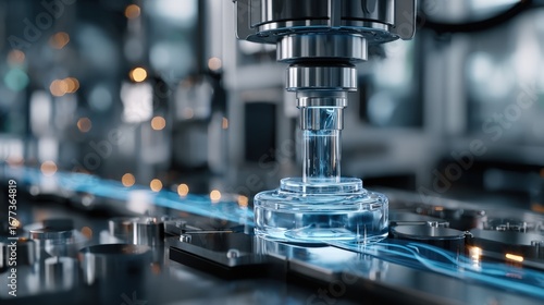 A high-tech machine precisely places a transparent component onto a metallic production line.