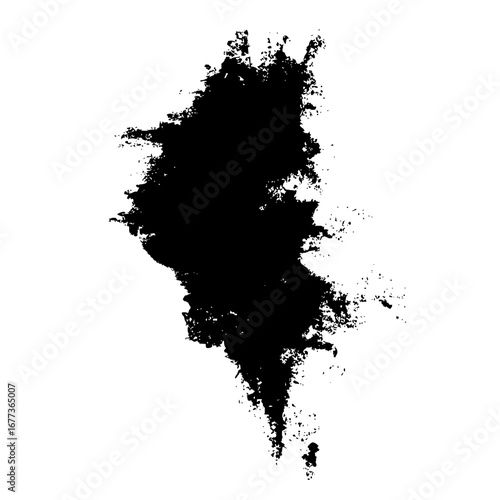 Abstract black ink blot with rough edges and a pointed tip on a plain white background in a simple design