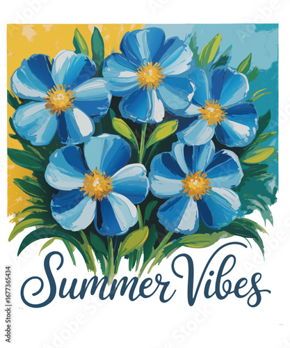 A stylized illustration of a colorful flower arrangement in a black vase