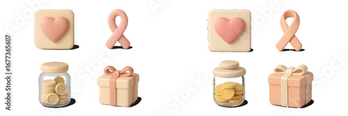 Colorful clay shapes representing love and support for causes with gifts and coins in a creative display setting