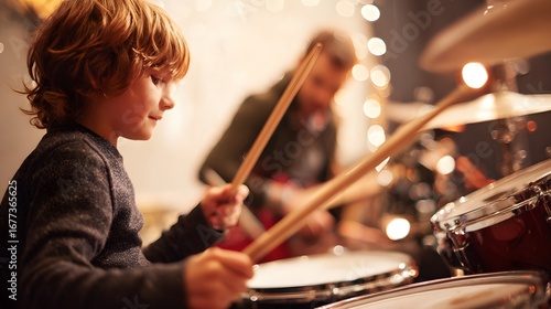 Drumming lesson - A young student sitting at a drum set with a teacher guiding their hand on the drumstick, bright music classroom background, warm lighting